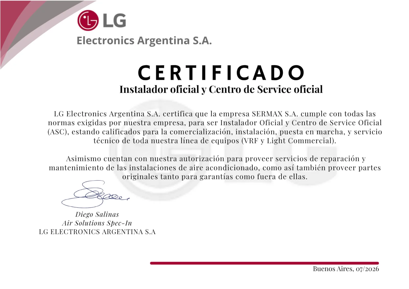 Certificado Instalador oficial y Centro de Service oficial LG - SERMAX